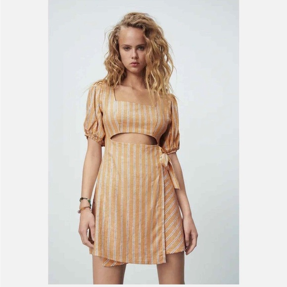 ZARA Linen Blend Striped Mini Dress - Picture 1 of 8